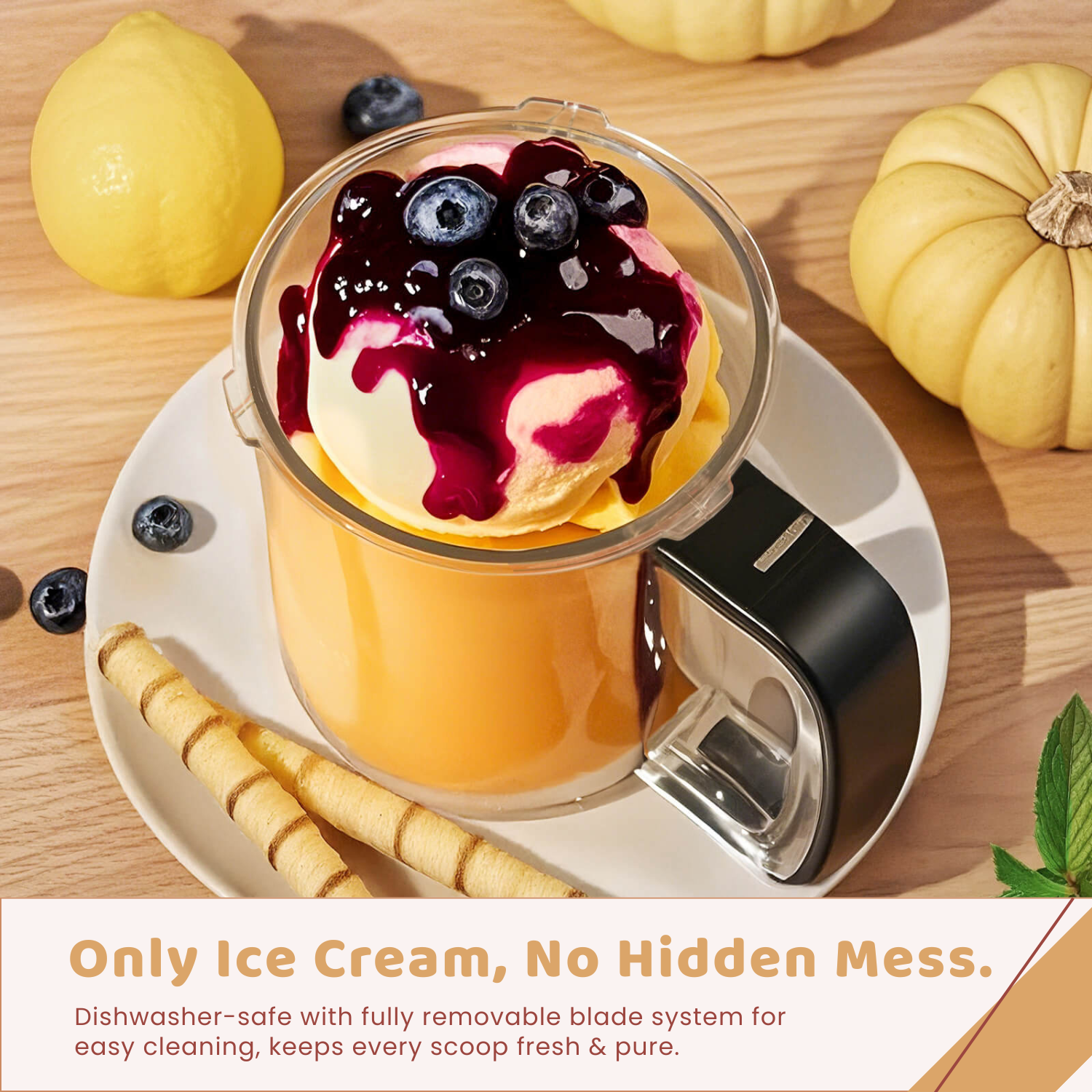 IcyTreat ice cream maker, dishwasher safe for easy cleaning and maintenance after each use