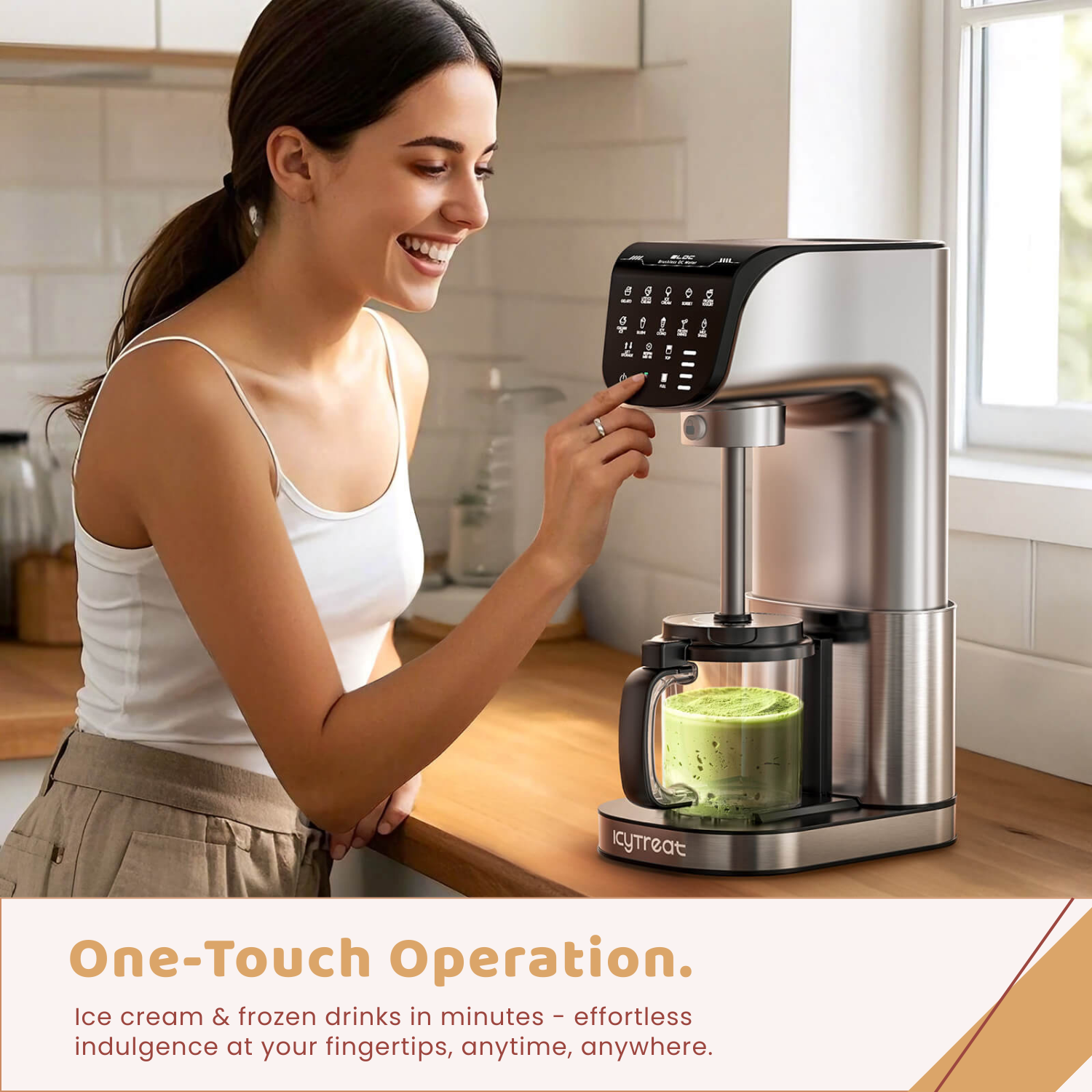 IcyTreat automatic ice cream maker, one touch operation, easy to use, effortlessly make homemade ice cream, sorbet, milkshake, gelato, frozen treat, and more